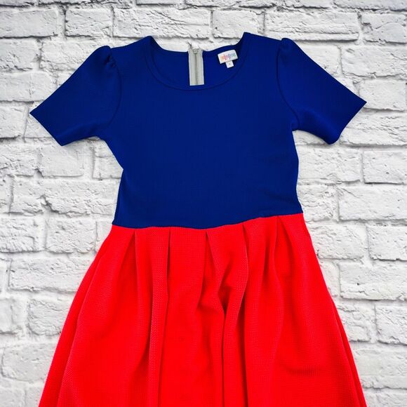 LulaRoe Amedia Dress Women Small Pink Blue Colorblock Short Sleeve Fit & Flare - Picture 2 of 12